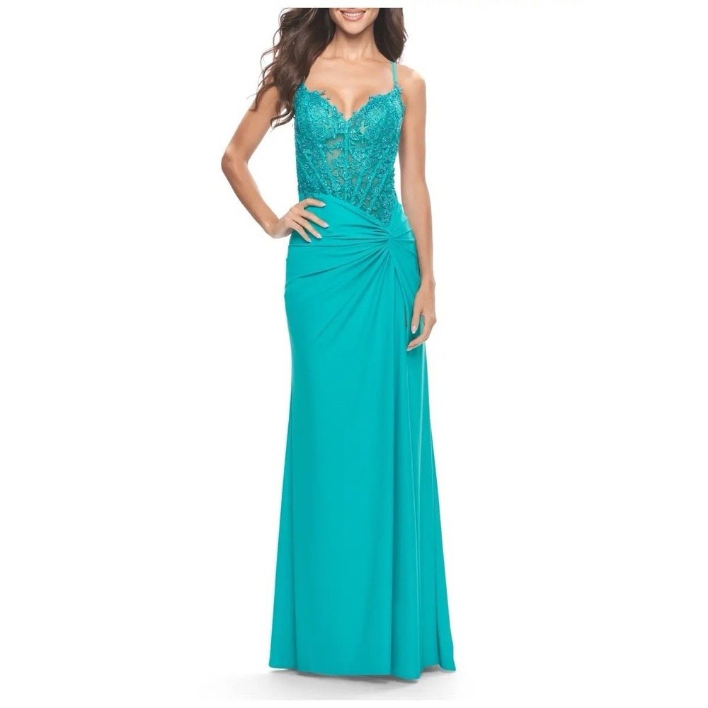 La Femme Corset Lace Asymmetrical Teal Gown High Slit Jersey Skirt Prom Wedding